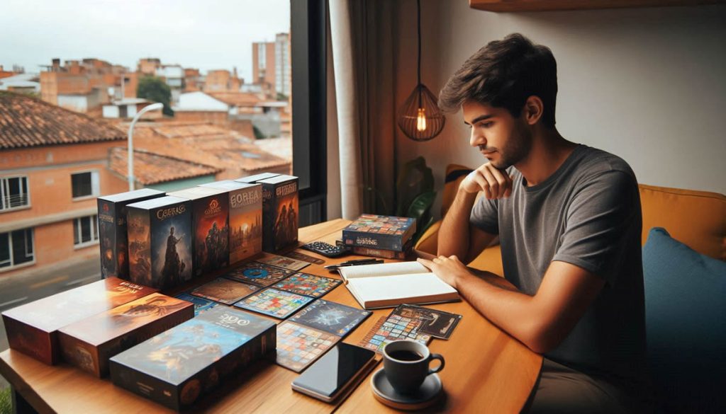 Persona en Colombia eligiendo su primer juego de mesa moderno con varias cajas sobre la mesa