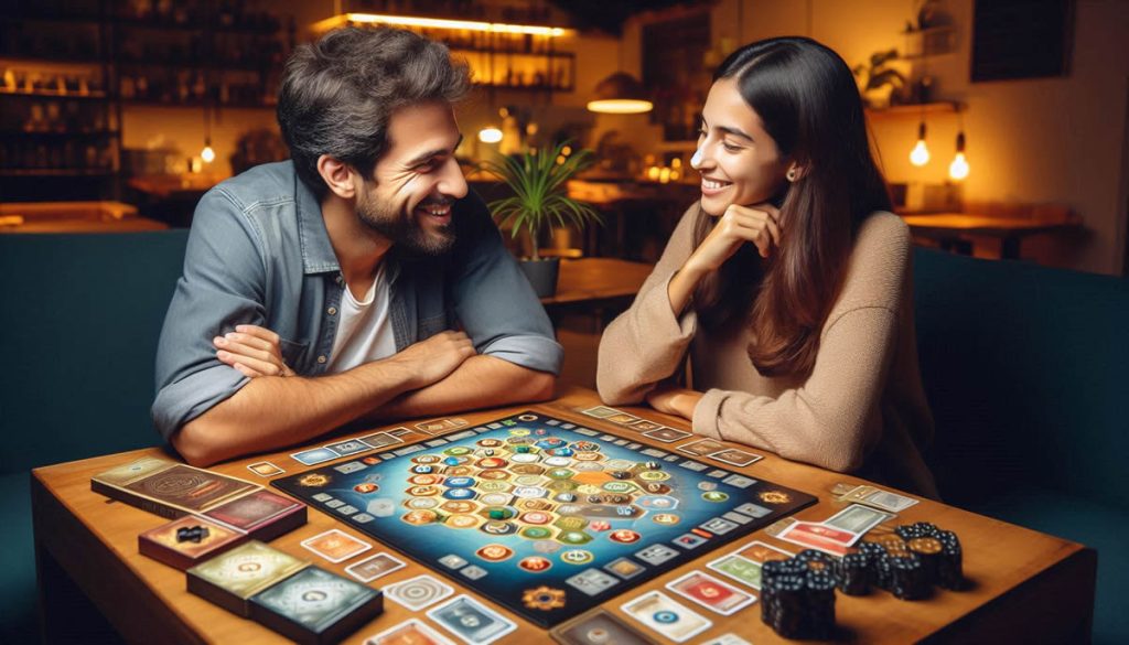 Pareja jugando un juego de mesa moderno para dos jugadores en una sala acogedora en Colombia