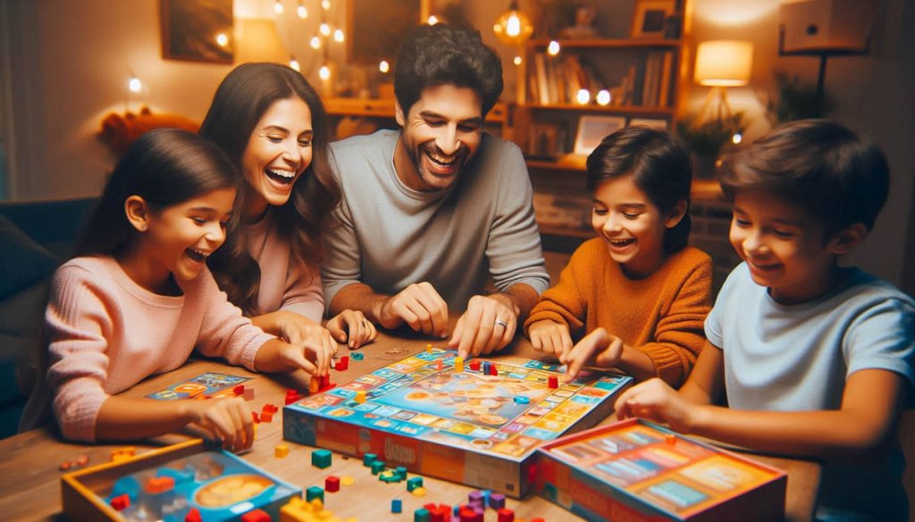 Familia jugando juegos de mesa modernos con niños de 8 a 12 años en casa, El Mundo del Meeple Colombia