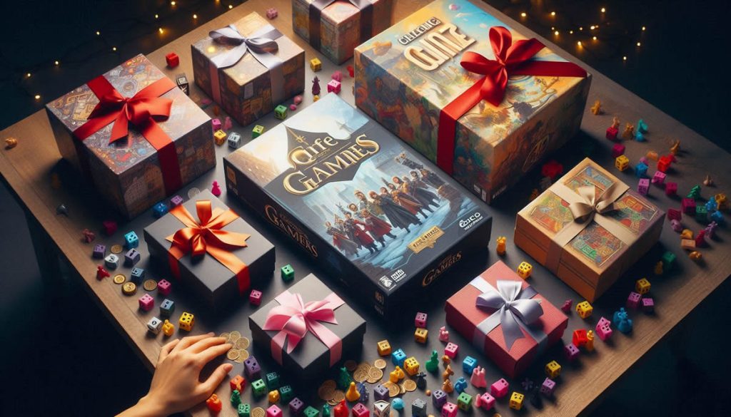 Cajas de juegos de mesa envueltas para regalo en diferentes tamaños sobre fondo azul, representando opciones para distintos presupuestos.