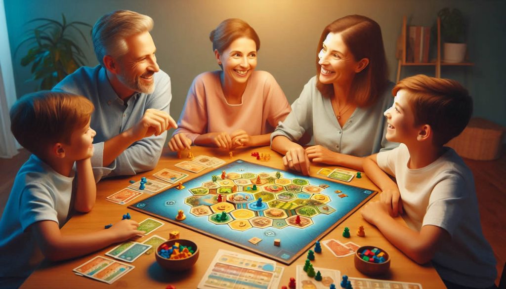 Varias manos de adultos y niños jugando juntas un juego de mesa cooperativo sobre una mesa azul, con fichas y dados que simbolizan trabajo en equipo en familia.