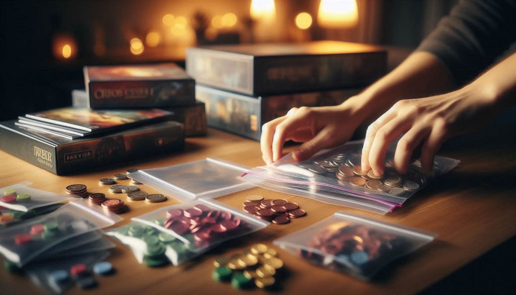 Manos organizando componentes de un juego de mesa en bolsas y cartas con fundas para proteger y cuidar el juego.