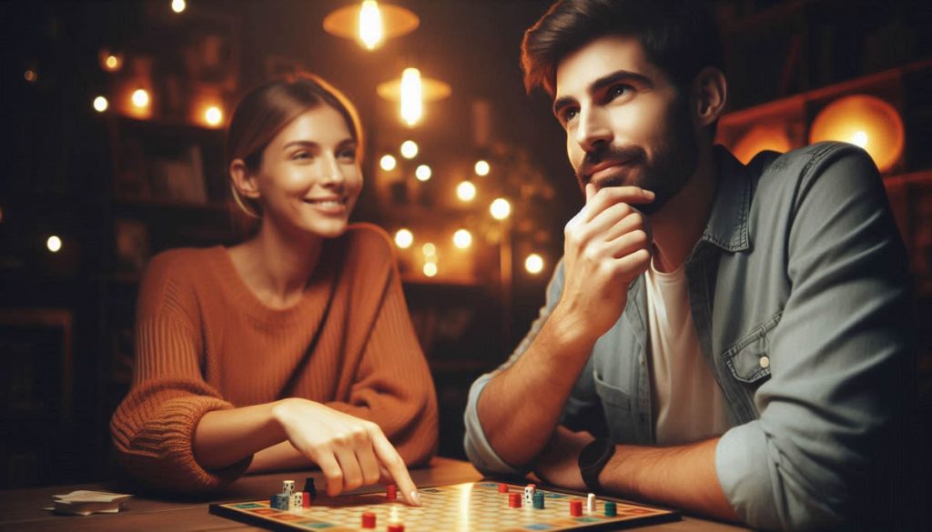 Dos personas jugando un juego de mesa eligiendo entre dos opciones para evitar el análisis parálisis y mantener el ritmo.