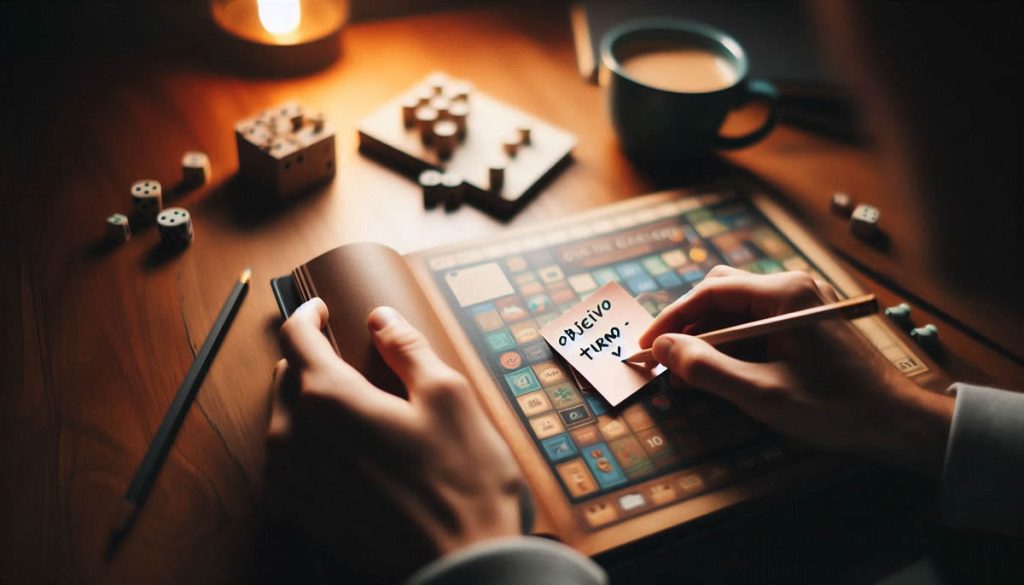 Persona leyendo un reglamento de juego de mesa con una nota que resume objetivo, turno y final para aprender rápido.