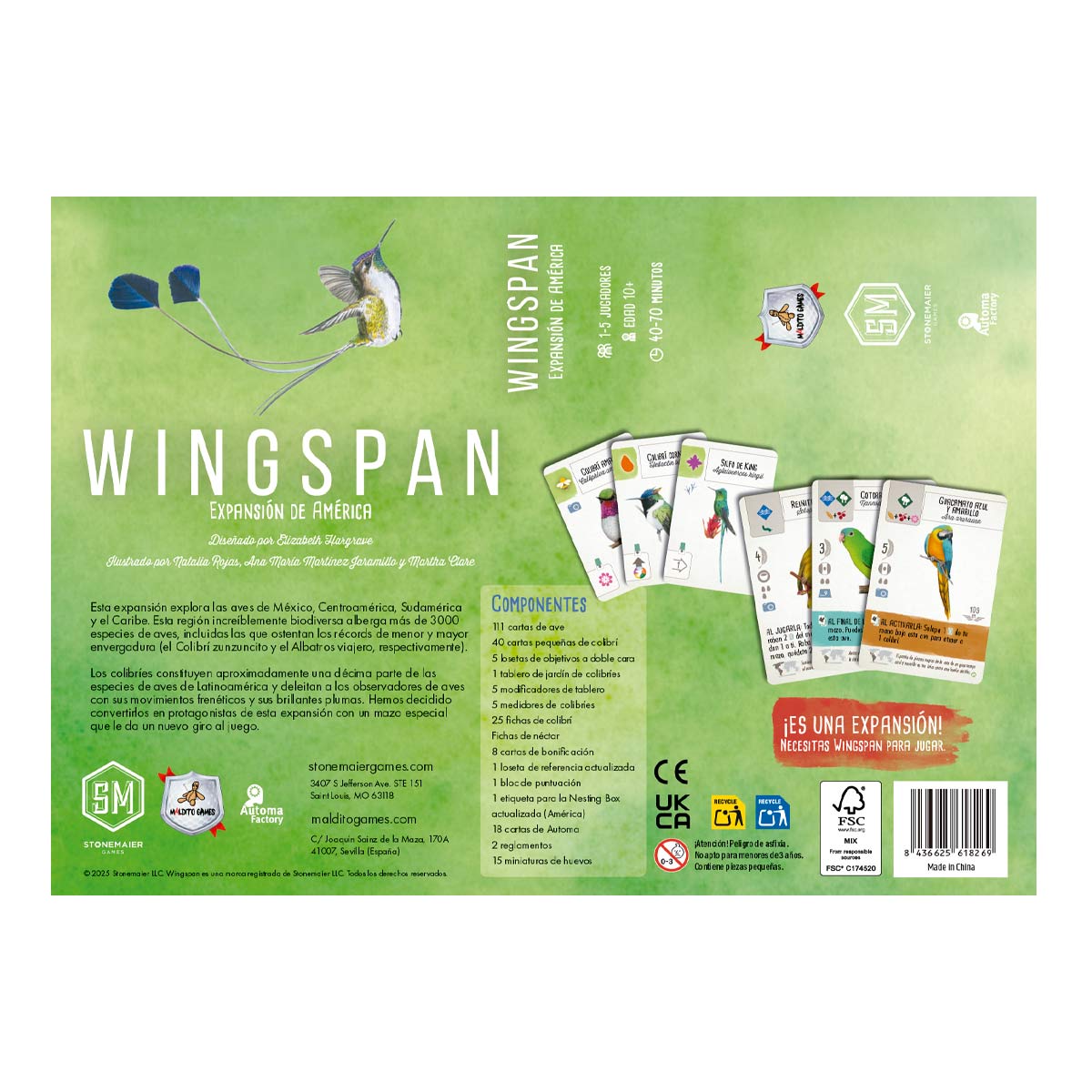 Wingspan Expansión de América (Español) - componentes del juego de mesa