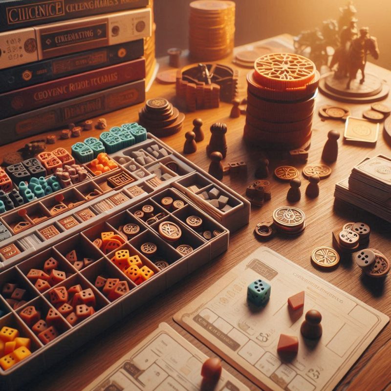 Accesorios y mejoras para juegos de mesa en mesa de madera: torre de dados, organizadores y tokens 3D