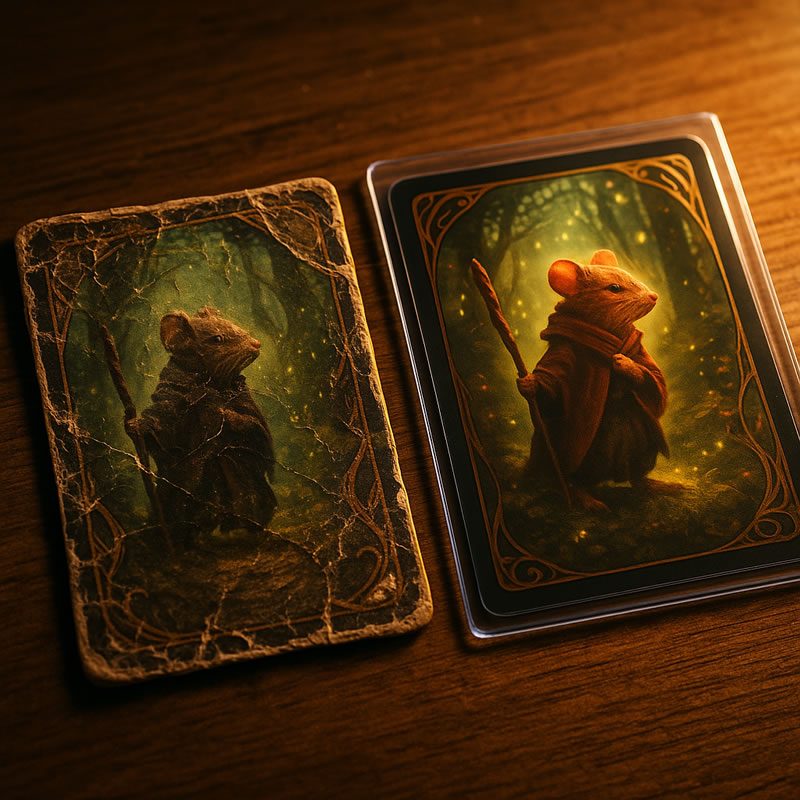 Comparación macro entre una carta de Arnak desgastada y una protegida con funda premium