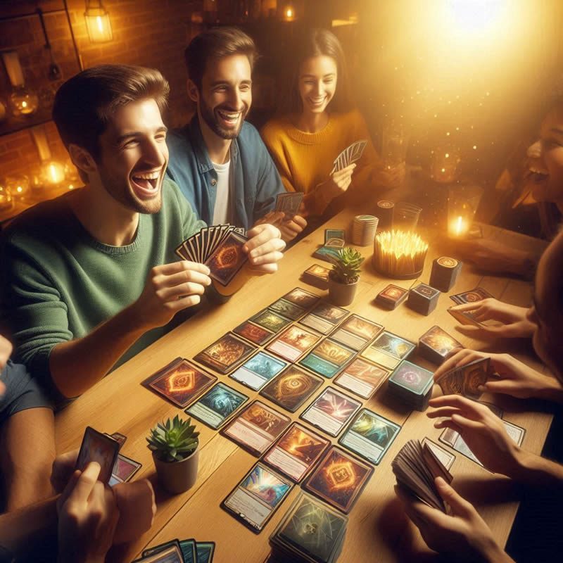 Primer plano de una mano sosteniendo cartas de animales con un tablero de estrategia en la mesa