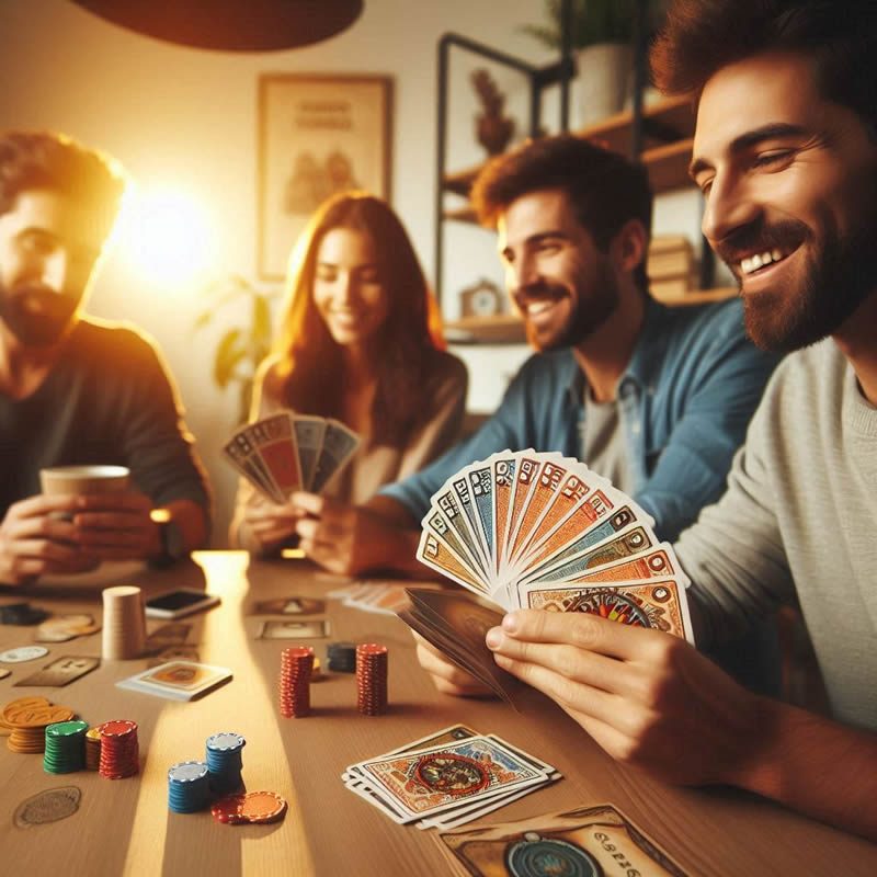 Mazo de cartas y componentes desplegados sobre una mesa listos para jugar