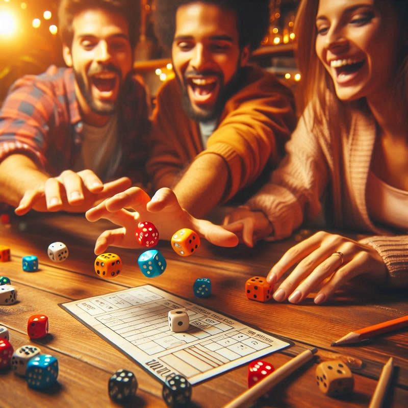 Dados de colores capturados en movimiento justo al caer sobre una mesa de madera