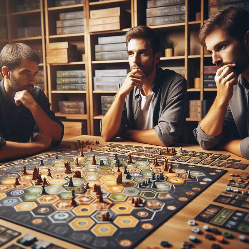 Jugador concentrado pensando su próximo movimiento frente a un tablero lleno de recursos y meeples