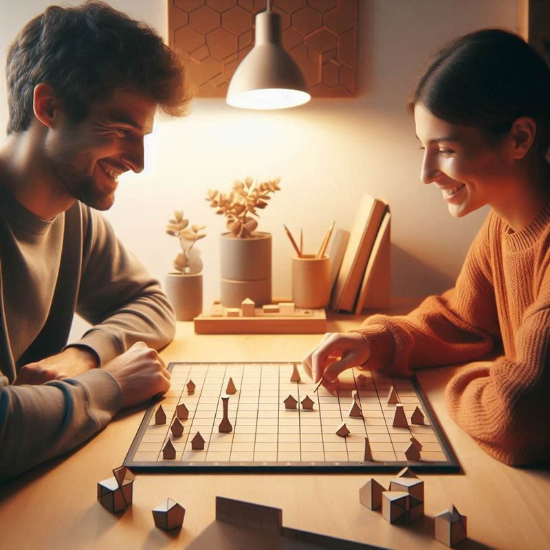 Piezas de madera elegantes sobre un tablero de juego abstracto con diseño minimalista