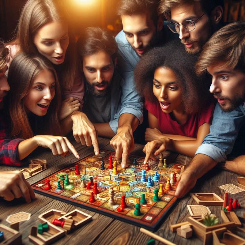 Varias manos de jugadores señalando juntas un punto en un mapa de juego de aventura.