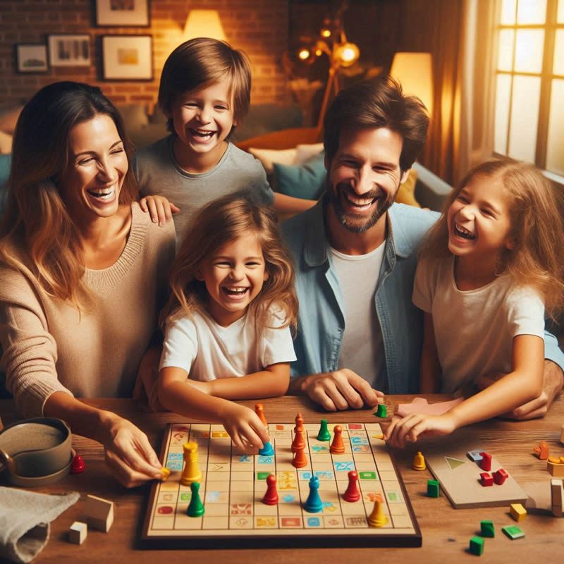 Familia feliz jugando un juego de mesa en una mesa de madera con luz cálida