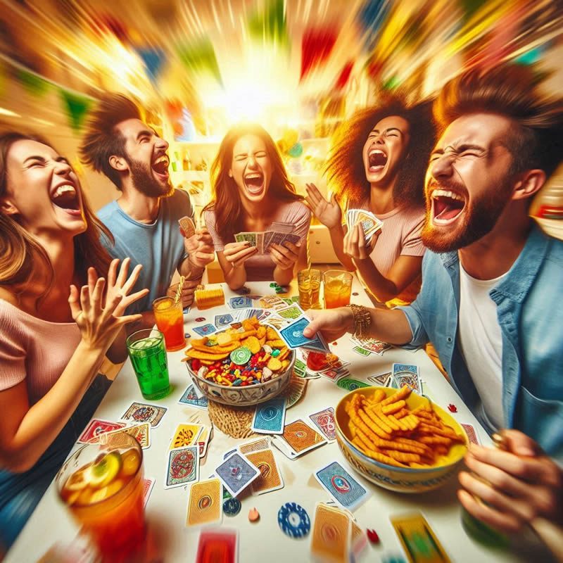 Grupo grande de amigos divirtiéndose con un juego party en una reunión social