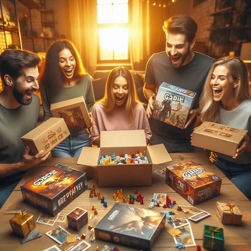 Meeple de madera sosteniendo una etiqueta de precio con descuento y juegos de fondo