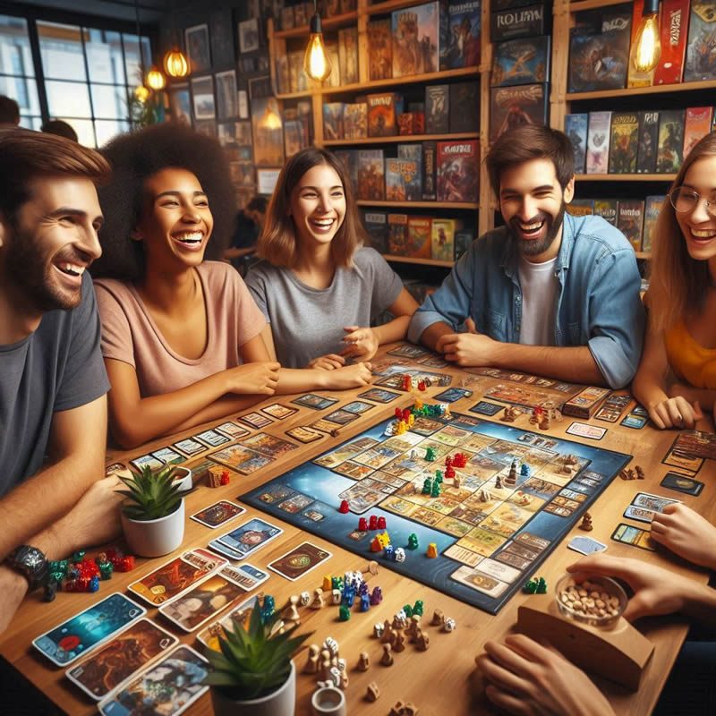 Estantería llena de juegos de mesa modernos y componentes variados en la tienda El Mundo del Meeple